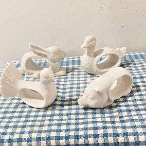 Shafford Set of 4 Napkin Rings Holders Porcelain Bird Duck Pig Rabbit Vintage